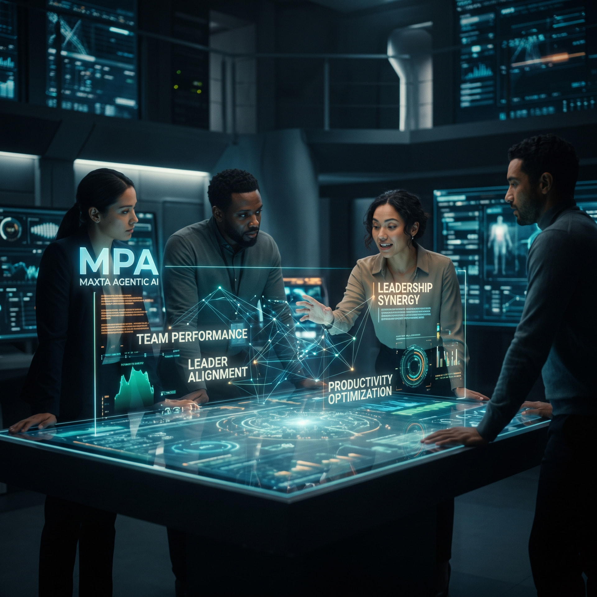 Equipe utilizando o MPA em uma central de inteligência e dados