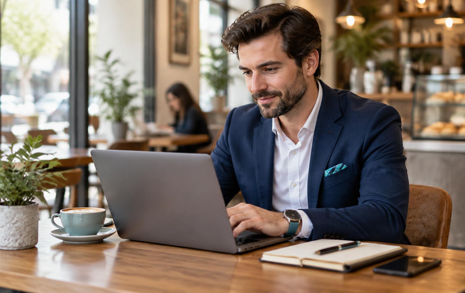Consultor trabalhando com notebook em um ambiente de café