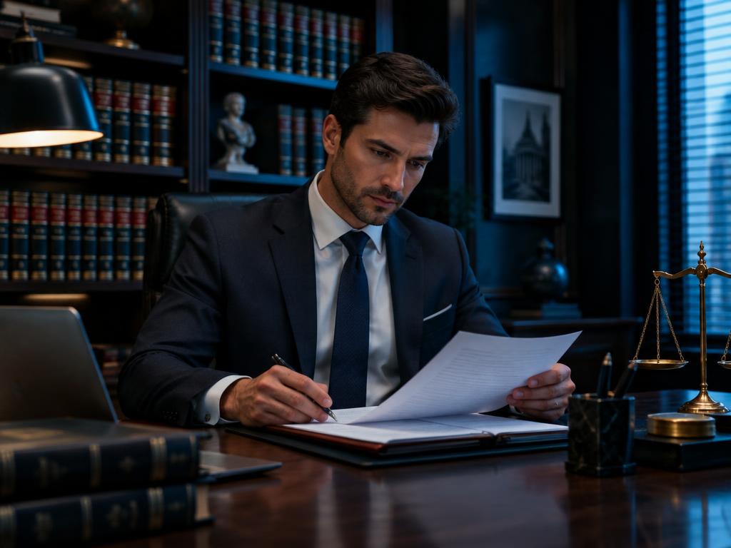 Advogado analisando documentos em escritório